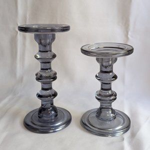 2 Glass Pillar Candleholder - Navy Blue & Ash Gray